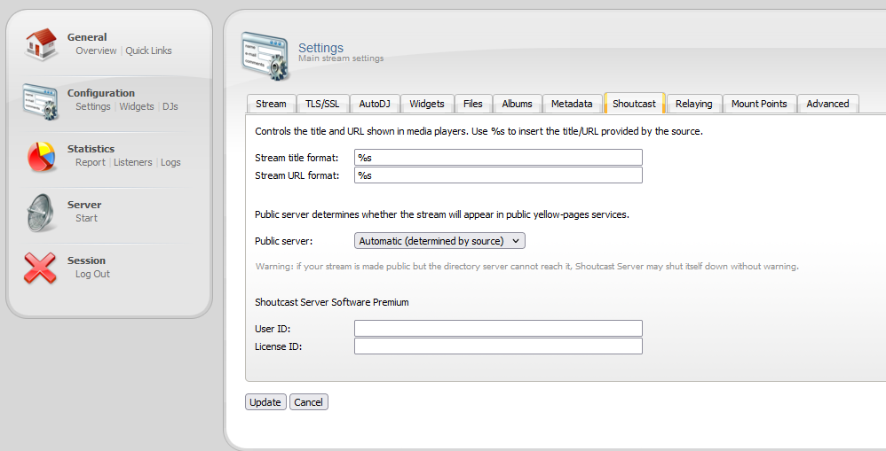 Centova Cast Server Settings Shoucast