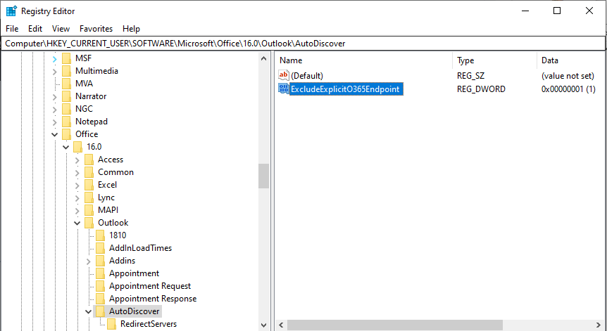 Registry Outlook ExcludeexplicitO365endpoint